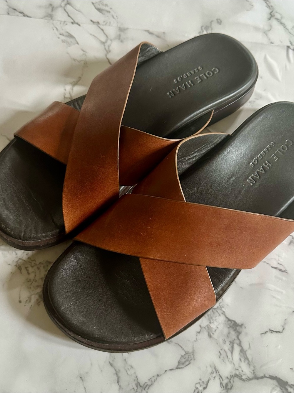 Cole Haan Brown Leather Crisscross Slide Sandals